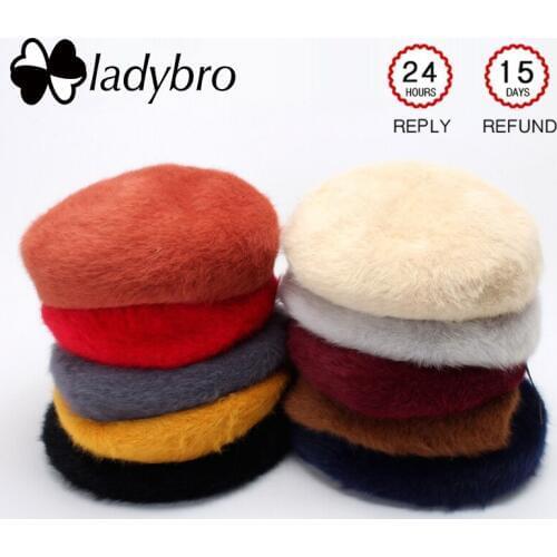Ladybro Elegant Solid Beret Hat Women Ribbit Fur Hat Autumn Winter Warm Knitted Hat Cap Female Bonnet Caps Lady Boina Feminino