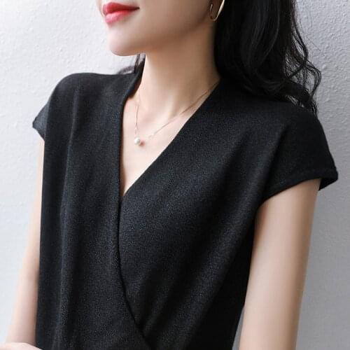 2021 Spring and Autumn New Wrapped Chest V-neck T-shirt Knitwear Pure Color Short Sleeve Bottoming Shirt