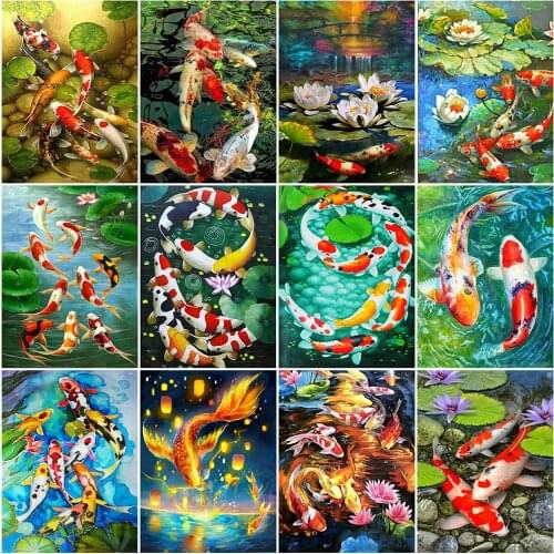 HUACAN 5D DIY Diamond Painting Koi Fish Lotus Lake Full Drill Square Diamond Embroidery Animal Diamond Mosaic Handmade Gift Art