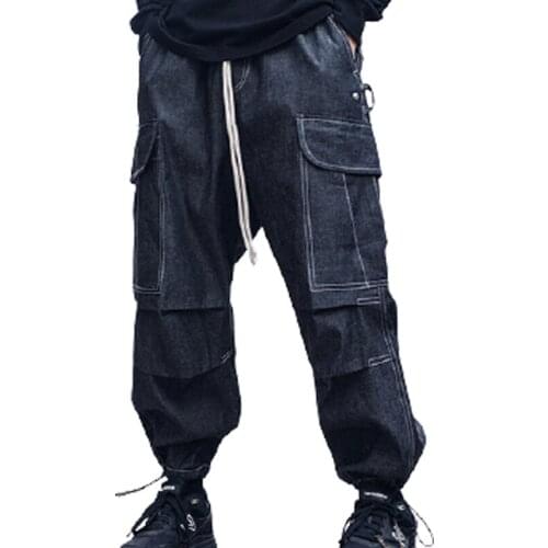 Premium Quality Fashion Overalls Loose Radish Trousers Mens High Street Cotton Denim Contrast Line Casual Pants