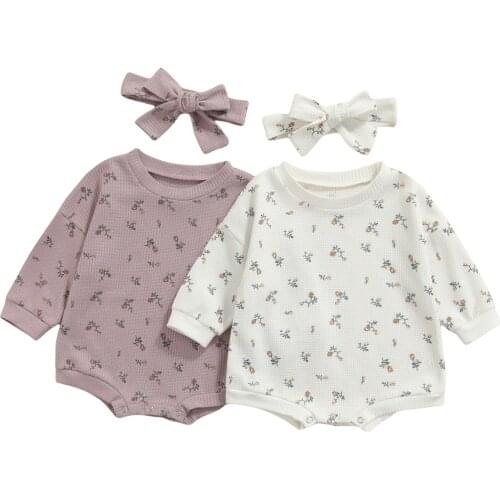 Infant Baby Girls Long Sleeve Romper + Bow Headband, Flower Print Classic Round Neck Spring Clothing