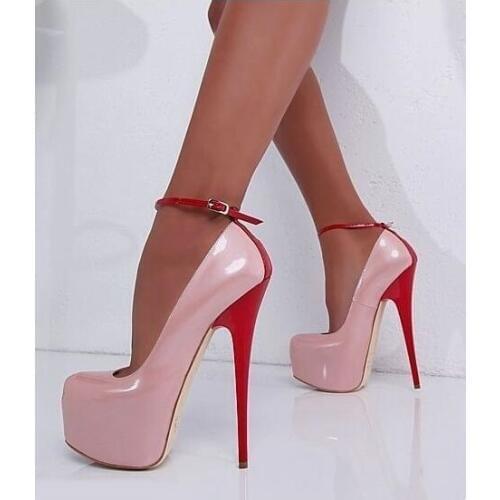 Contrast Color High Heels Plataform Pumps Women Shoes Round Toe 16cm Ankle Wrap Shoes Heels Pink Patent Leather Banquet Shoes