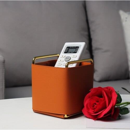 Creative Leather Pen Holder Electroplating Iron Desktop Storage Box Makeup Brush Lliving Room Remote Control Organize Boxes