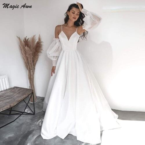 Magic Awn Simple White Satin Wedding Dresses Boho Spagheti Straps A-Line Shiny Detachable Full Puffy Sleeves Country Bride Dress