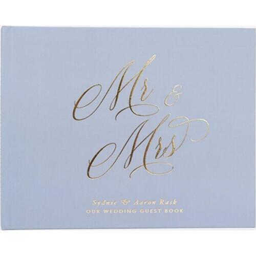 Dusty Blue Guest Book Mr. & Mrs. names Wedding Guest Book Wedding Photo Book Gold Foil birthday Horizontal Keepsake Book
