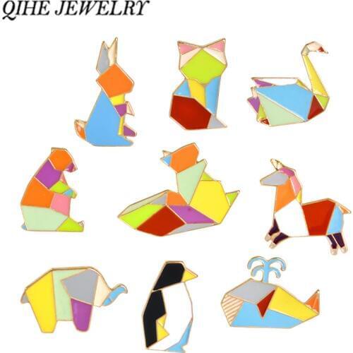 QIHE JEWELRY Origami Animal Pins & Brooches Elephant Rabbit Bear Squirrel Whale Fish Penguin Fox Design Animal Jewelry