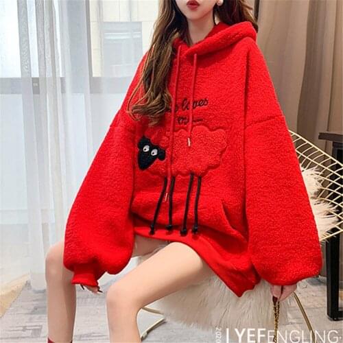 Cute Red Sheep Embroidery Hoodie Sweatshirt Spring Women Hooded Loose Korean Tops Hip Hop Pollover Oversized Hoodies Coats Girl