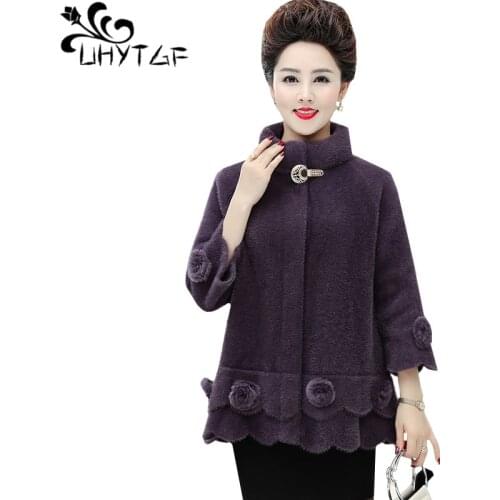 UHYTGF Quality Mink Cashmere autumn winter coat women Standing collar loose 3XL plus size top luxury cashmere elegant jacket 606