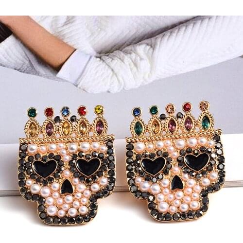 Vintage Simulated Pearl Crystal Earring Creative Punk Skull Earrings For Women Baroque Jewelry Party Gifts Wholesale