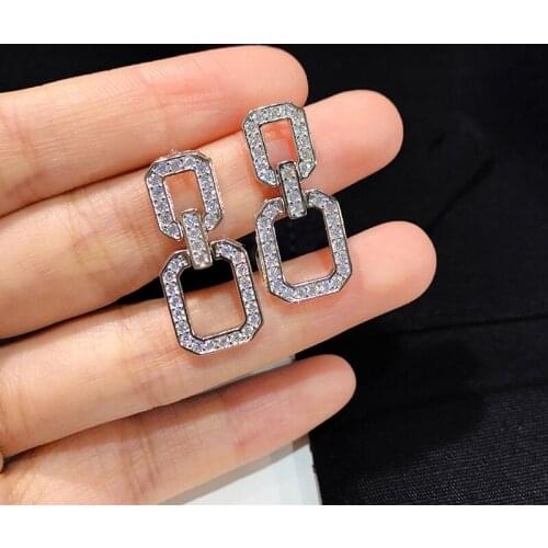 Top Quality Silver Color Pave AAA+ Zircon Square Chain Drop Earrings For Women INS Jewelry