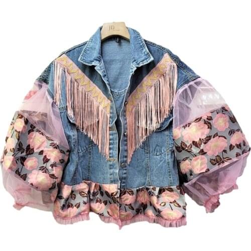 2021 Summer Thin Hollow Out Mesh Stitched Lantern Sleeve Tassel Jeans Jacket Coat Women Loose Outerwear Denim Jackets Streetwear