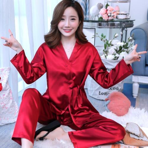 2020 Ice Silk Pyjamas Women 2 Piece Set Women Summer Solid Sexy Spring Long Sleeve Elegant Lounge Wear Plus Size Silk Pajamas