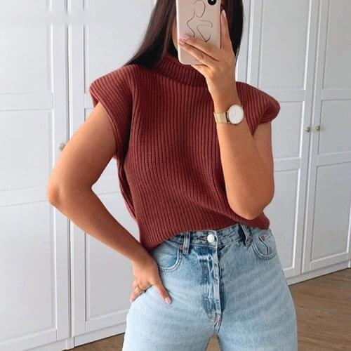Womens Turtleneck Sleeveless Vest Sweater With Shoulder Pads Knitted Pullover Autumn Winter Jumper Casual Tops Tank Fashion