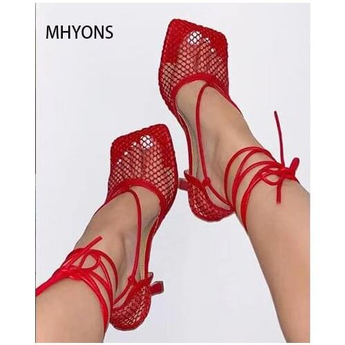 2021 New Sexy Yellow Mesh Pumps Sandals Female Square Toe High Heel Lace Up Cross Tied Stiletto Hollow Dress Shoes Ytmtloy