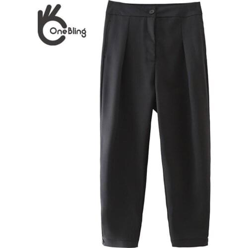 OneBling Za Women 2021 Autumn Spring Black Career Pants Button High Waist Folds Front Casual Ankle Length Straight OL Pant Traf