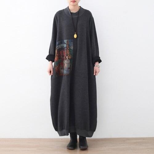 Johnature Women Patchwork Print Pattern Long Dresses New 2021 Autumn Vintage Loose O-Neck Asymmetric Vintage Dresses