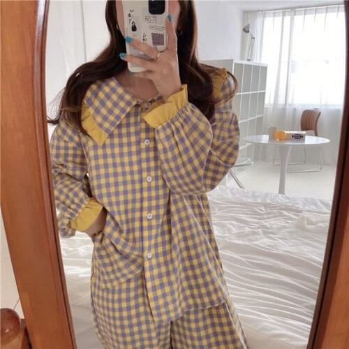 Pyjamas Women Soft Cotton Home Wear 2020 Autumn Winter Pijama Female Pants Suit Lapel Plaid Pajamas Set Sleepwear