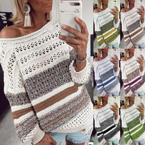 Womens Sweaters Jumpers Long Sleeve Knitted Striped Oversized Fluffy Sweater Pullovers Color Block Off The Shoulder Sweater