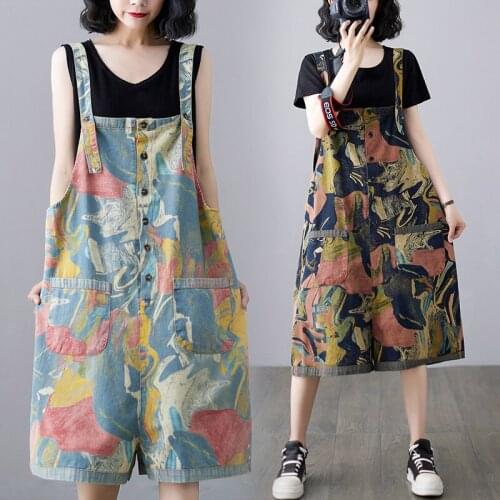 #2393 Summer Full Floral Printed Denim Playsuits Women Spaghetti Strap Playsuits Wide Leg Vintage Casual Short Jumpsuit Female