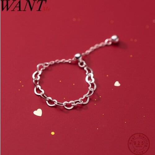 WANTME 925 Sterling Silver Romantic Korean Love Heart Link Chain Adjustable Ring for Women Unique Wedding Party Jewelry Gift