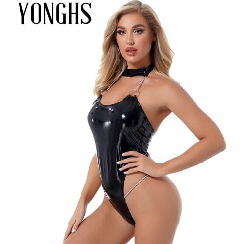 Womens Lingerie O Ring Metal Chain Decor Bodysuit Halter Neck Catsuit Glossy Backless Patent Leather High Cut Leotard Clubwear