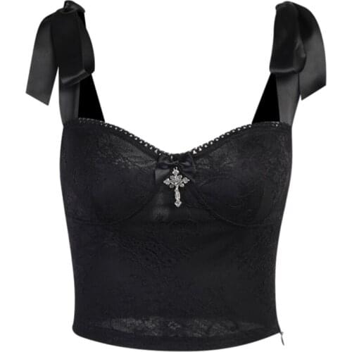 066C Women Gothic Punk Sexy Floral Lace Crop Top V-Neck Backless Tie-Up Bandage Strap Camisole Harajuku Metal Cross Pendant Slim