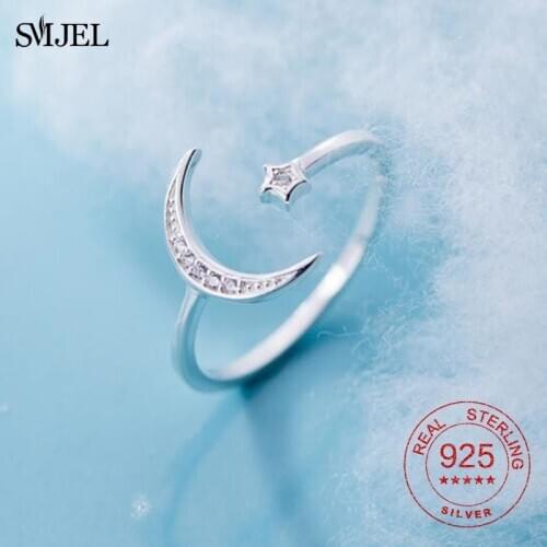 100% 925 Sterling Silver Half Moon Rings For Women Valentines Day Gift Crystal Moon Star Crescent Horn Ring Jewelry S925 Anel