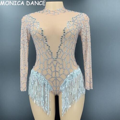 Sexy Stage Silver Rhinestone Sequin Fringe Transparent Bodysuit Women Dancer Outfit Birthday Celebrate Prom Singer Outfit