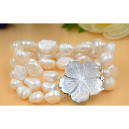 3row 8" WHITE BAROQUE freshwater cultured pearl bracelet
