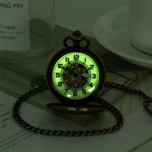 Antique Luminous Dial Mechanical Pocket Watch Bronze Hollow Wheel Unisex Hand-Winding Clock Steampunk Pendant Chain Best Gift