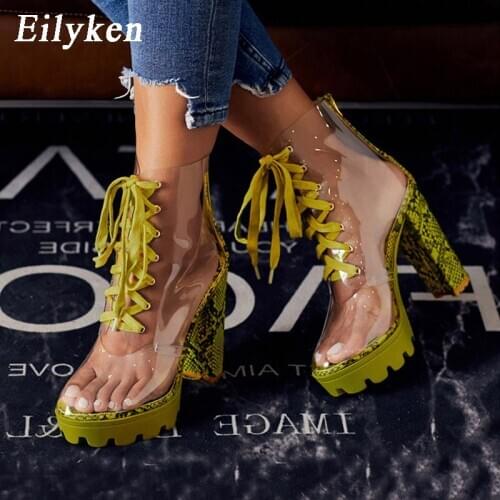 Eilyken Sexy PVC Transparent Boots Women Lace-Up Chunky Heels Shoes Fashion Serpentine Round Toe After Zip Platform Sandals
