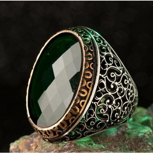 Fantastic Oval Green Big Zircon Stone Men Ring Feceted Symmetric Style Men Ring Vintage Handcarved Men Jewelery