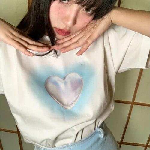 Y2k Harajuku blue love print short-sleeved T-shirt women streetwear Korean sweet cute O-neck top punk style Oversize T-shirt