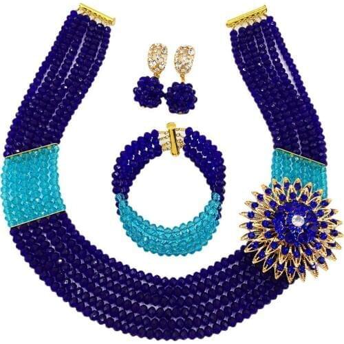 Royal Blue Lake Blue Crystal African Necklace Nigerian Beaded Wedding Beads Bridal Party Jewelry Set for Women 6C-SS030