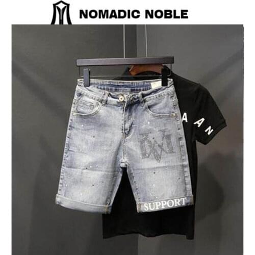 Summer jean shorts for mens Instagram new popular logo Korean fashion versatile hole hot drill five pants