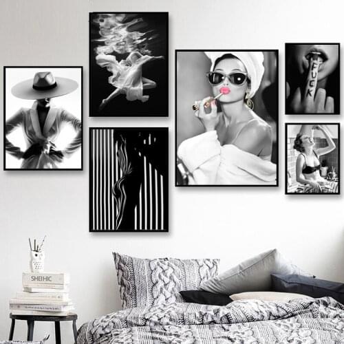 Fashion mural black and white underwater wall art sexy poster woman beautiful art canvas mural modern home decor painting