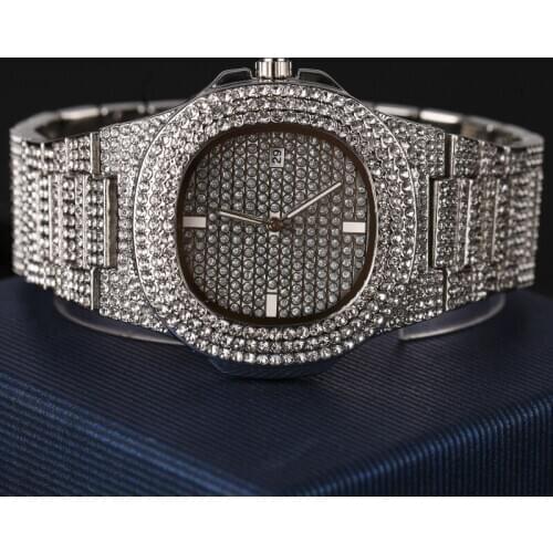 Mens Watches Fashion Diamond Automatic Date Quartz Watch Men Gold Stainless Steel Hip Hop Mens Watches Top Brand Luxury clock