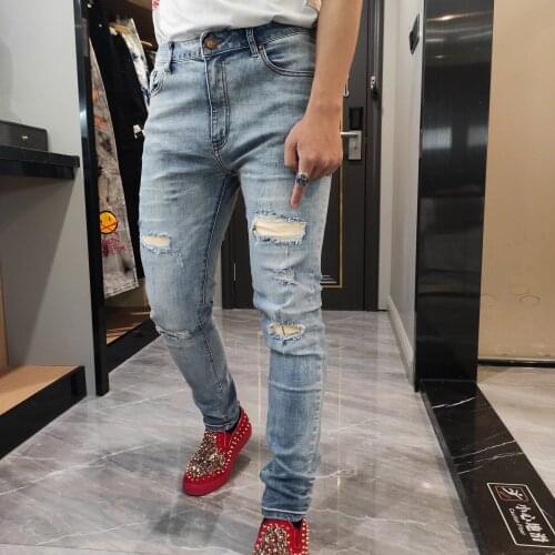 Hole Jean Homme Stitching Ripped Jean Blue Denim Pant Tights Social Top Quality Streetwear Hip Hop Designer Patchwork Jean Men