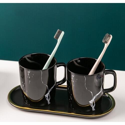 Set of 2 Ceramic Bathroom Thumblers with Tray Toothpastes Holder Cups Toothbrush Storage Rack Mouth Washing Mug Accessories