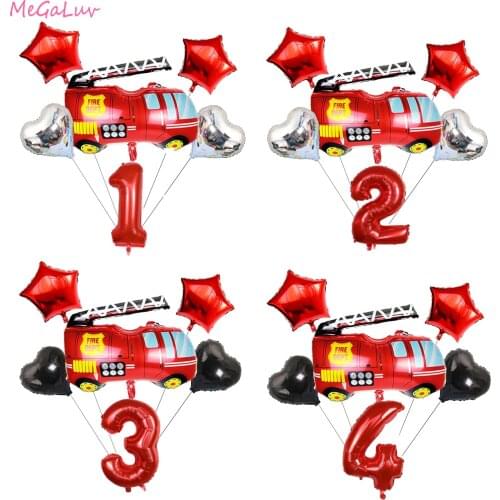 Fire Truck Number Balloons Set Fireman Sam Disposable Tableware Birthday Party Paper Plate Cup Decoration Fireman Party Supplies