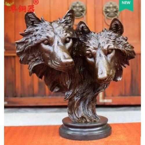 Wholesale factory art China Bronze Copper western home set 2 wolf lion dog Head Statue Marble Base
