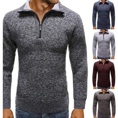 Hot kf-Mens Zipper Plus Velvet Padded Pullover Sweater Cardigan Stand Collar Sweater Coat
