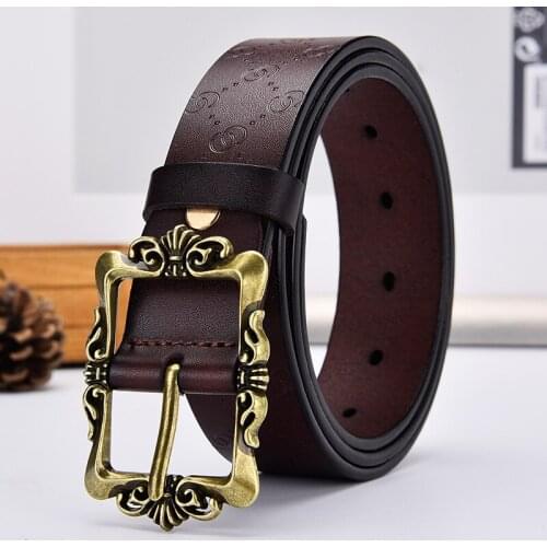 Aoluolan womens vintage brand high-quality dress belt, casual womens leather belt, flower-shaped alloy buckle G pattern body b