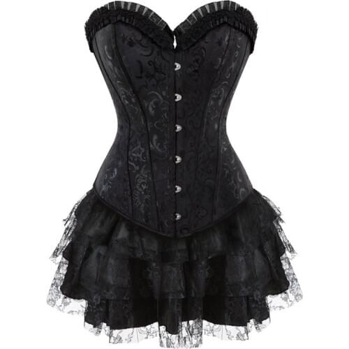 Sapubonva Corset Dress Lace Bustier Steel Boned Skirts Top Set Sexy Women Gothic Victorian Lolita Costume Vintage Lingerie Black
