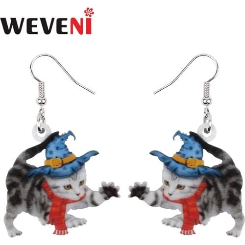 WEVENI Halloween Acrylic Sweet Magic Hat Cat Kitten Earrings Long Drop Dangle Fashion Charm Gifts Unique Jewelry For Women Girls