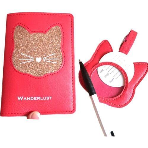ANKUCOO Women Grils Travel Passport Cover&Luggage Tag Shining Cat Label Name ID&Document Passport Holder