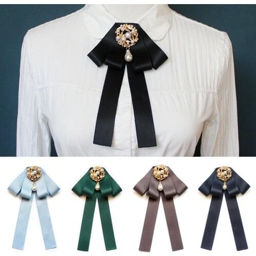 Ribbon Bow Tie Shirt Collar Pins Pearl Rhinestone Female Bowtie School Girls Professional College Clothes Accessories for Women