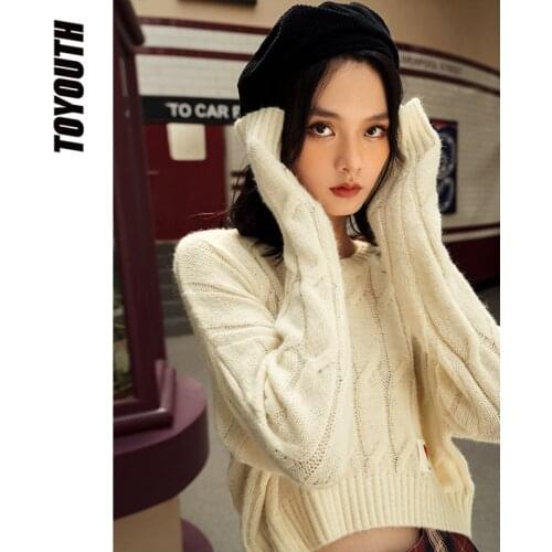 Toyouth Women Sweater 2021 Autumn Long Sleeve Round Neck Short Cable Knit Sweater Heart Print Label Chill Casual Pullover Top