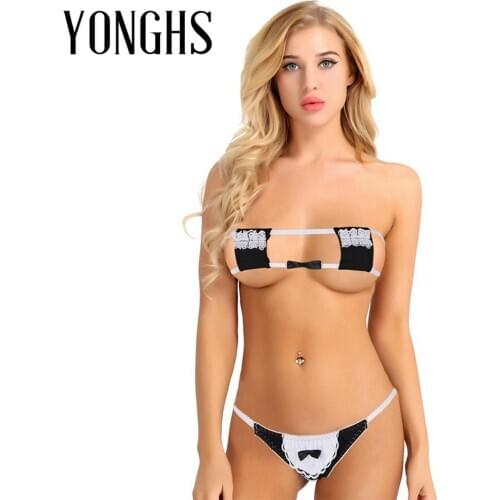 Womens Mini Maid Lingerie Sexy Bikini Set Square/Triangle Design Anime Lace Three Point Underwear Sex Cosplay Costume Outfit