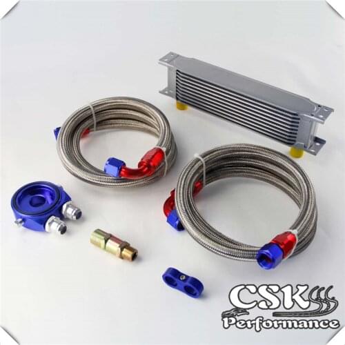 10 Row 248mm AN10 Universal Engine Transmission Oil Cooler British Type + Aluminum Filter Hose End Kit Blue